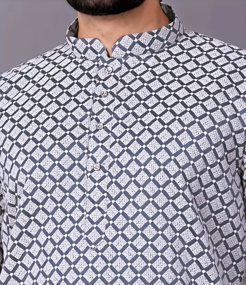 Men’s Multicolor Geometric Printed Cotton Kurta Shirt – Stylish Ethnic Casual Wear