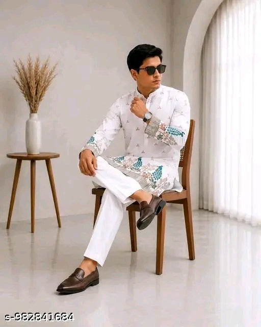 Men’s Premium Printed Kurta Pajama Set – Elegant Peacock Print Ethnic Wear