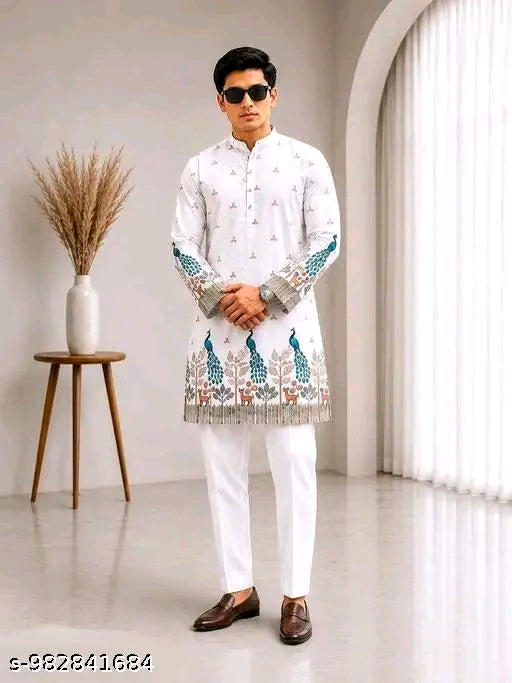 Men’s Premium Printed Kurta Pajama Set – Elegant Peacock Print Ethnic Wear