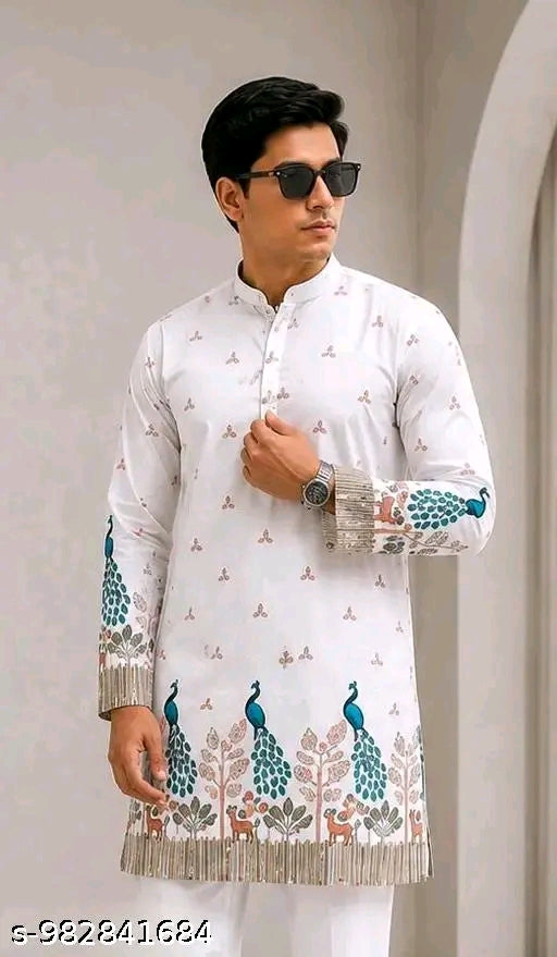 Men’s Premium Printed Kurta Pajama Set – Elegant Peacock Print Ethnic Wear
