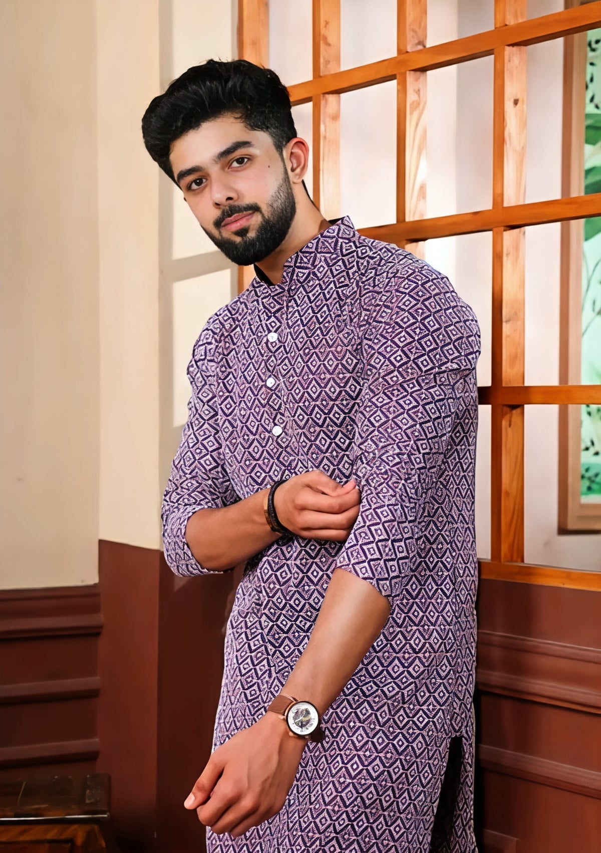 Men’s Premium Lavender Printed Kurta | Elegant Ethnic Wear for Festive & Wedding Occasions