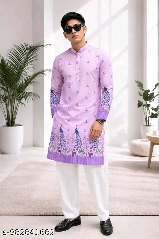 Men’s Pink Printed Kurta | Premium Peacock & Floral Pattern Ethnic Kurta