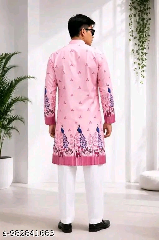 Men’s Pink Printed Kurta | Premium Peacock & Floral Pattern Ethnic Kurta