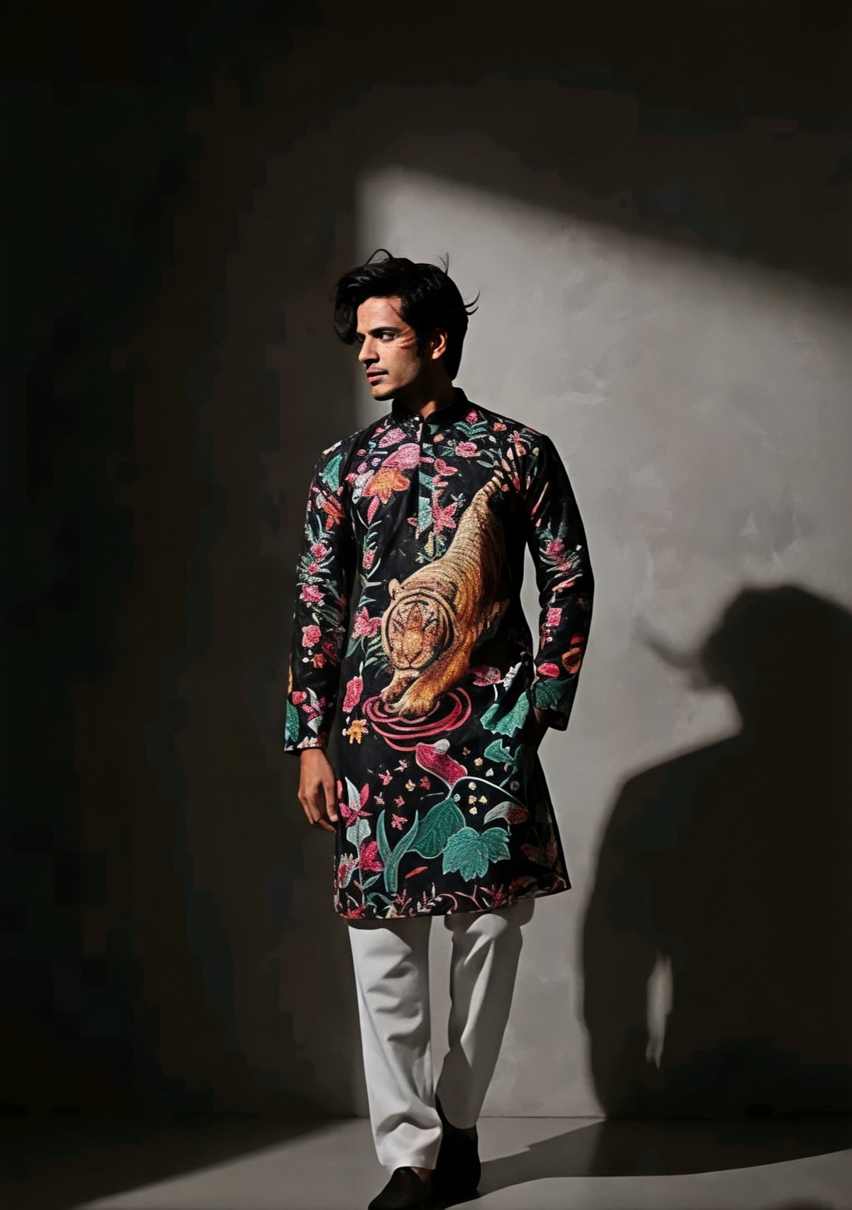 Men’s Black Tiger Floral Embroidered Designer Kurta – Premium Ethnic Wear