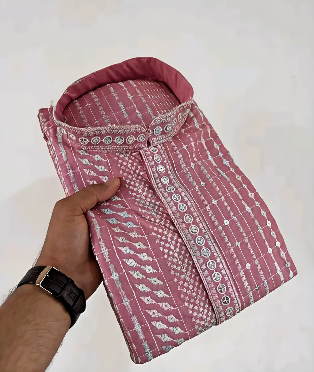 Premium Pink Embroidered Kurta for Men | Traditional Festive Wear