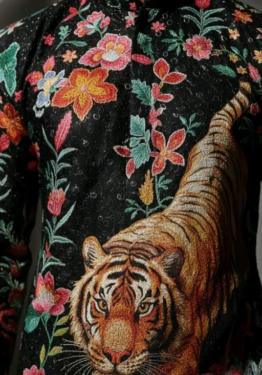 Men’s Black Tiger Floral Embroidered Designer Kurta – Premium Ethnic Wear