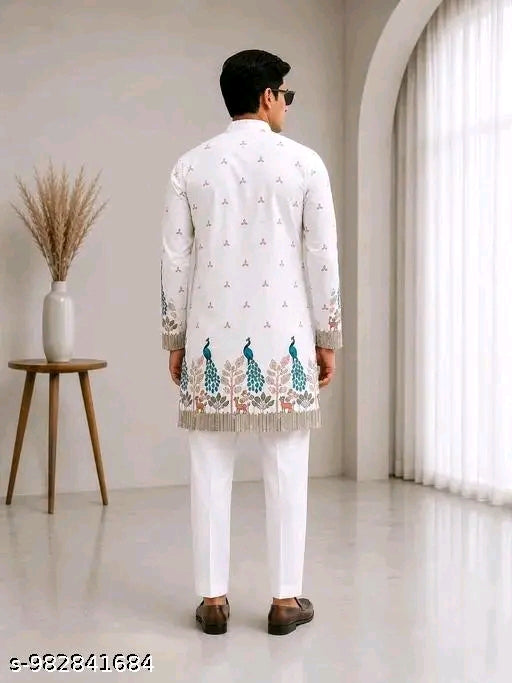 Men’s Premium Printed Kurta Pajama Set – Elegant Peacock Print Ethnic Wear