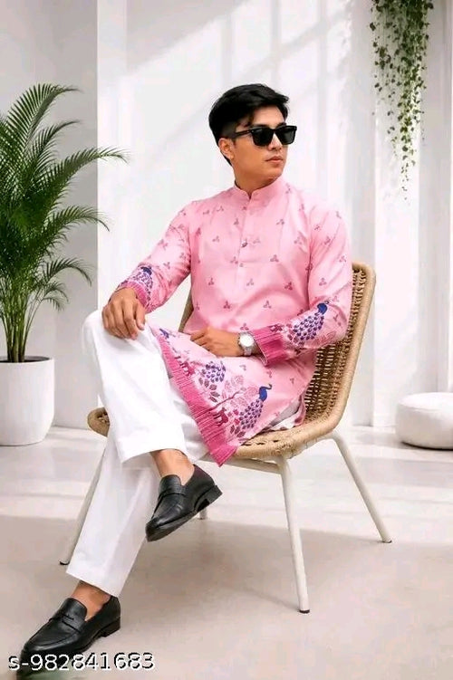 Men’s Pink Printed Kurta | Premium Peacock & Floral Pattern Ethnic Kurta