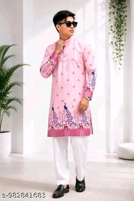 Men’s Pink Printed Kurta | Premium Peacock & Floral Pattern Ethnic Kurta