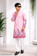 Men’s Pink Printed Kurta | Premium Peacock & Floral Pattern Ethnic Kurta