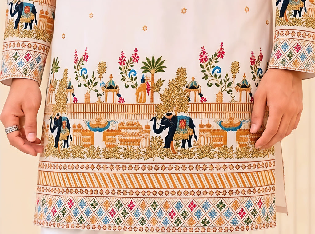 Premium Men’s White Printed Kurta with Matching Pajama – Ethnic Festive Wear