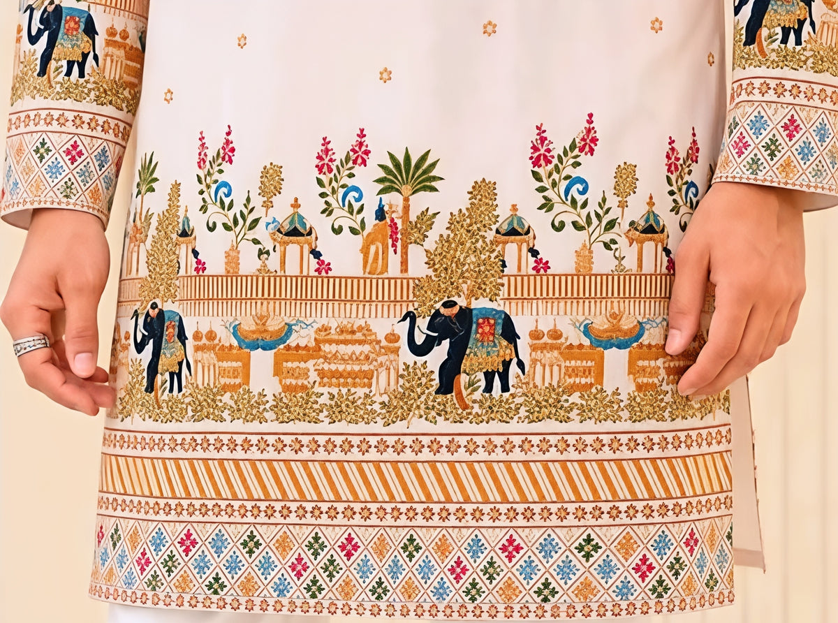 Premium Men’s White Printed Kurta with Matching Pajama – Ethnic Festive Wear