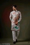 Men’s Ivory White Tiger Floral Printed Designer Kurta – Premium Ethnic Wear