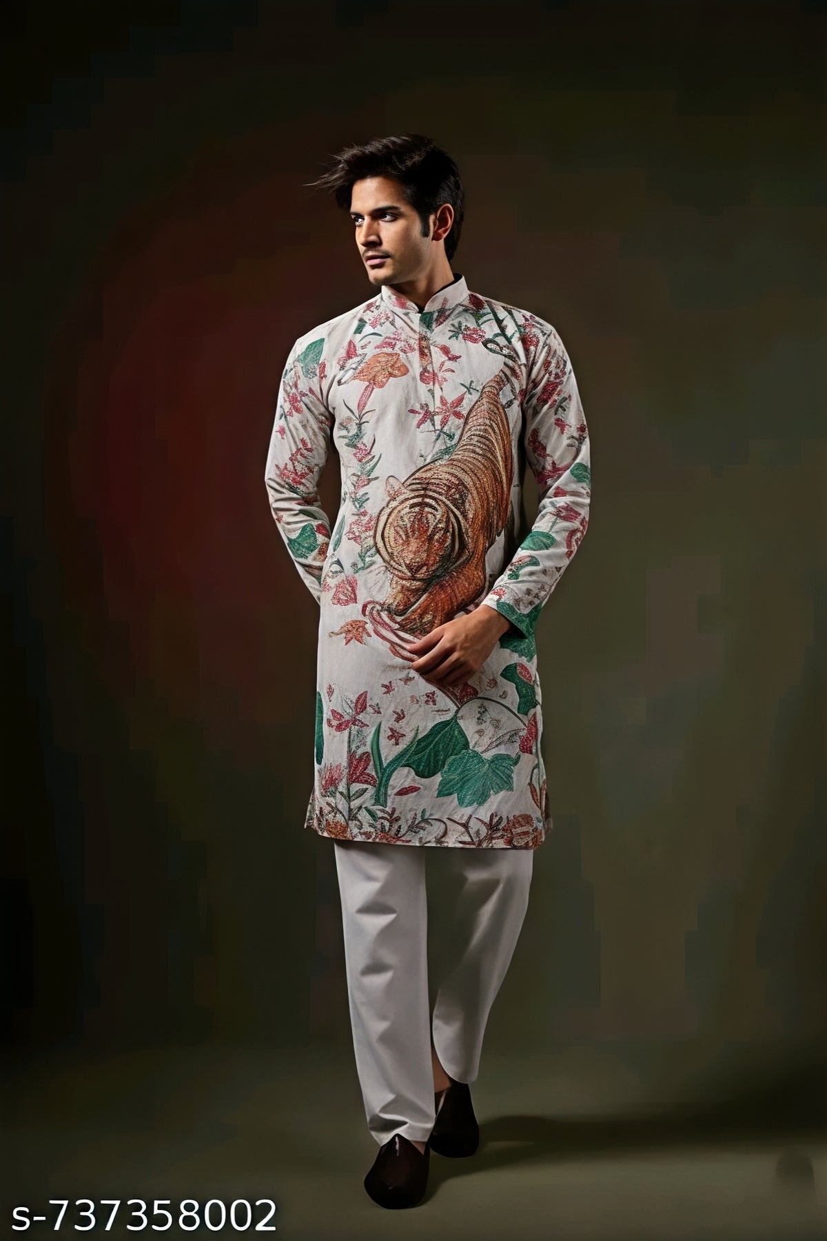 Men’s Ivory White Tiger Floral Printed Designer Kurta – Premium Ethnic Wear
