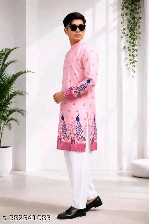 Men’s Pink Printed Kurta | Premium Peacock & Floral Pattern Ethnic Kurta