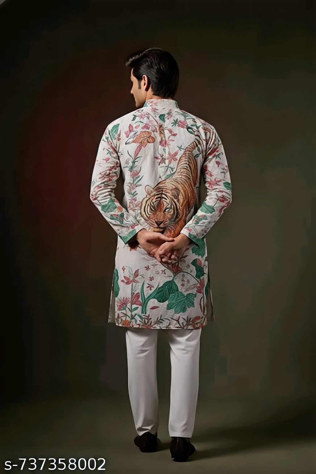 Men’s Ivory White Tiger Floral Printed Designer Kurta – Premium Ethnic Wear