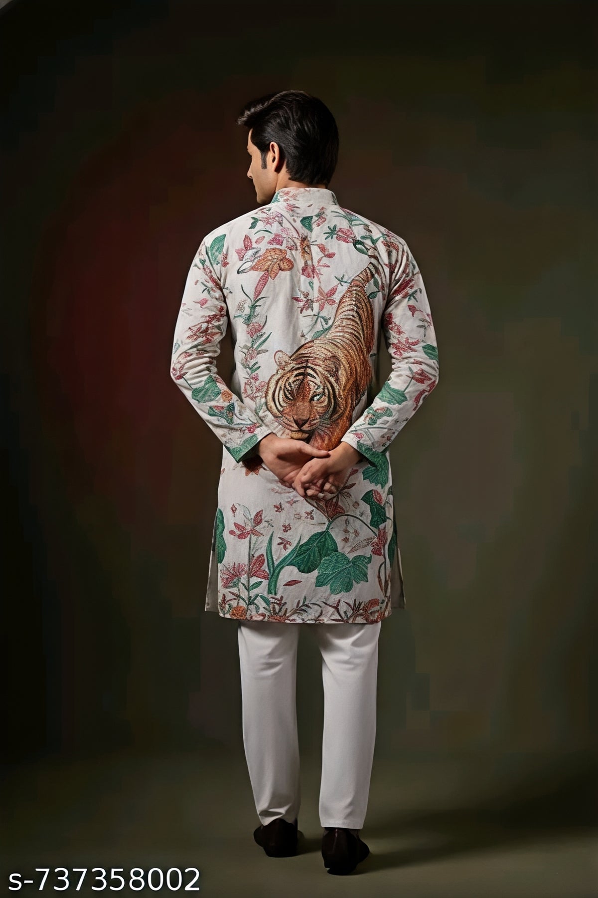 Men’s Ivory White Tiger Floral Printed Designer Kurta – Premium Ethnic Wear